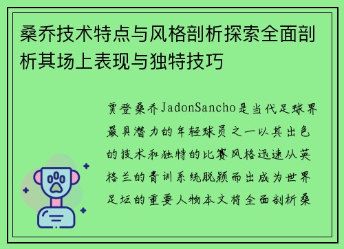 桑乔技术特点与风格剖析探索全面剖析其场上表现与独特技巧