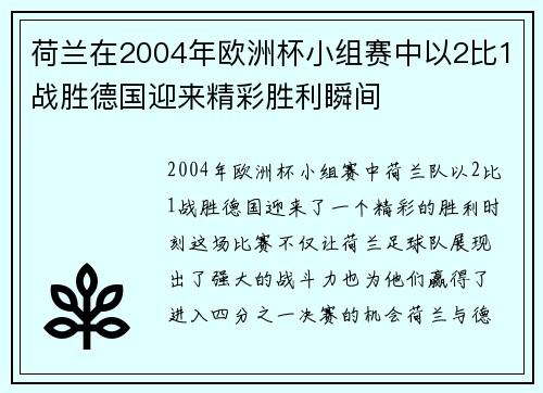 荷兰在2004年欧洲杯小组赛中以2比1战胜德国迎来精彩胜利瞬间
