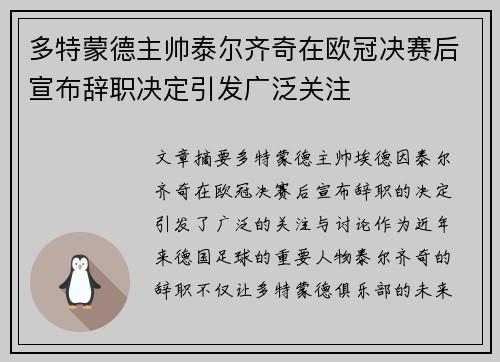 多特蒙德主帅泰尔齐奇在欧冠决赛后宣布辞职决定引发广泛关注